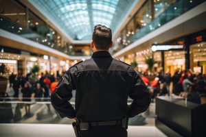 A security guard with short dark hair and a black uniform stands with hands on hips, overseeing the bustling shopping mall filled with people. The mall's glass ceiling lets in natural light, and stores with bright lights line both sides—exemplifying retail security in San Francisco County.